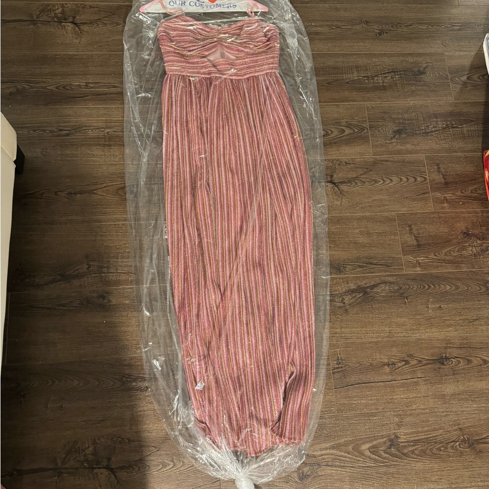 Aqua Pink Strapless Maxi Formal Dress